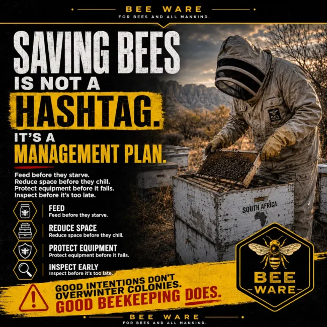 Beekeeper at dusk examining hive with caption 'Saving Bees is not a Hashtag – It's a Management Plan' emphasising Bee Ware's beekeeping message