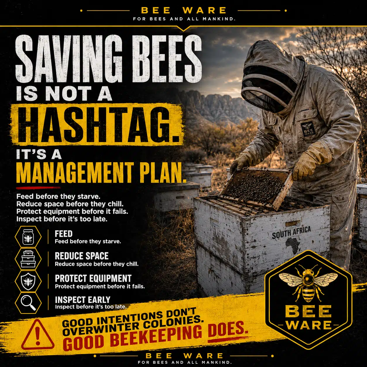 Beekeeper at dusk examining hive with caption 'Saving Bees is not a Hashtag – It's a Management Plan' emphasising Bee Ware's beekeeping message